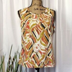 Nine West Sleeveless‎ Career Blouse Siz S Orange White Abstract Print Office Top